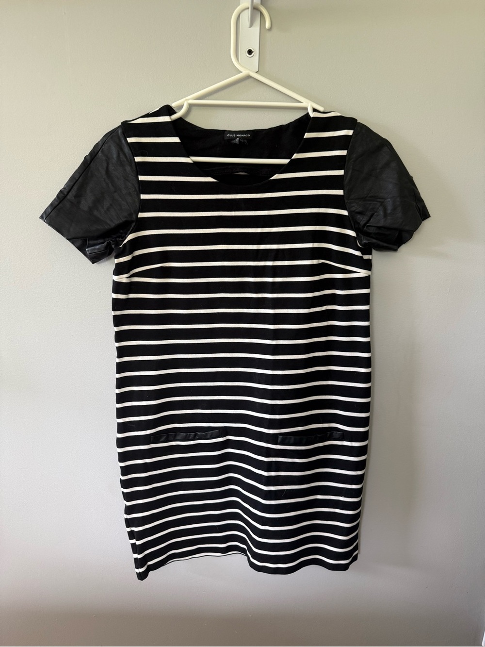 Club Monaco Black and White Striped Short-Sleeve Shift Dress